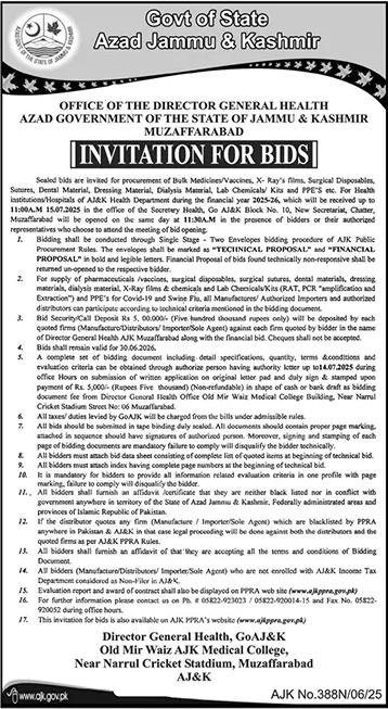 Director General Health Muzaffarabad Tender Notice